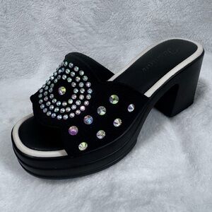Black Rhinestone Embellished Platform Mule